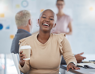 Image showing Black woman, coffee and laughing office employee in a team meeting feeling happy about work. Portrait of a working bald worker from New York feeling happiness hearing a funny joke at advertising job