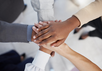 Image showing Hands, teamwork and collaboration of business people working in community for goal. Support, trust and group hand motivation team building circle or diversity for work vision, success or target