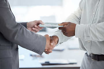 Image showing Hands, bribe and handshake, money or dollars for illegal deals, lending loan or investment. Shaking hands, bribery or cash exchange, money laundering or corruption, deposit or financial payment.