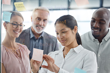 Image showing Business people, meeting and schedule planning on sticky note for creative, strategy and vision idea sharing in office. Glass, wall and team collaboration on innovation, design and teamwork goal