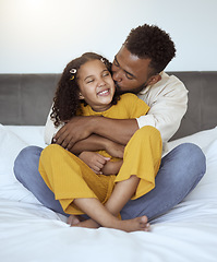 Image showing Father, girl and family kiss with a hug on a bedroom bed spending quality time together. Morning, love and care of a dad and child in a home bonding and caring at a house with a happy smile