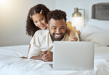 Image showing Brazilian father, laptop and girl bonding in house, home or hotel bedroom for movie streaming, zoom video call or social media show. Smile, happy and relax man with child and multimedia technology