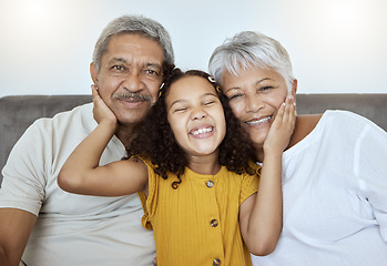 Image showing Love, grandparents and girl being happy, smile and bonding together, embrace or together on living room couch. Grandfather, grandmother and grandchild portrait, enjoy visit and happiness on home sofa