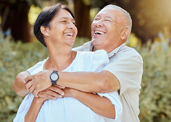 Image showing Happy, couple and hug outdoor together with love, care and bonding while laughing. Marriage, retirement and quality time with happiness of senior people hugging in summer smile about life gratitude