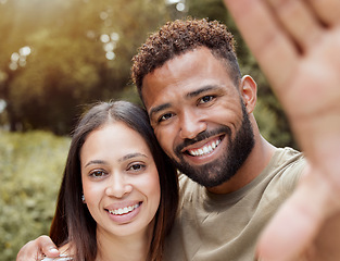 Image showing Happy selfie, couple and outdoor nature park with black people with a smile in summer. Portrait of a girlfriend and boyfriend together with happiness and love smiling for commitment anniversary