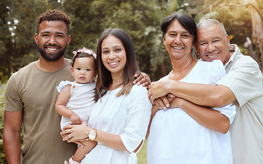 Image showing Black family, happy and hug with people bonding in nature spending quality time together. Portrait of a mama, baby and elderly people outdoor in summer feeling happiness, gratitude and love smile