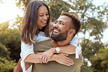 Image showing Couple, piggy back and outdoor love hug of black people with happiness and care outdoor. Happy, gratitude and smile of a girlfriend and boyfriend bonding and spending quality time in a nature park