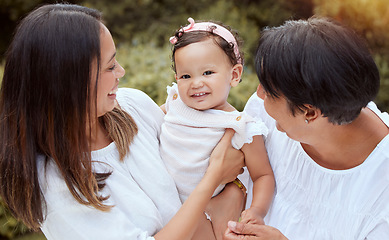 Image showing Family, women and park portrait with baby, mother and grandmother bonding, laughing and playing in nature. Love, happy and smile by girl enjoying quality time with parent and granny in a garden