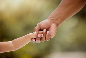 Image showing Care, support and holding hands for youth, trust and generation against a blurred background. Hand of parent and child arms in caring relationship, help and love for childhood growth and development