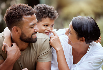 Image showing Kid, dad and grandma in park, family have fun at picnic and spending quality time together in Costa Rica. Nature, love and elderly happy woman with man and boy, generations play on summer weekend.