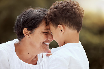 Image showing Happy, grandma and child love to smile, play and bond together outdoor at family home or house. Happy senior, elderly or grandparent with young kid smiling for joy, happiness and care outside