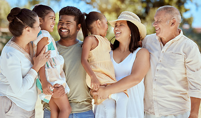 Image showing Nature, love and big family on summer vacation holiday outdoors bonding, relaxing and having fun in Guadalajara. Grandparents, mom and dad with kids siblings enjoying quality time together in Mexico