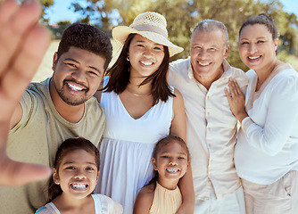 Image showing Happy family, selfie and smile by children relax with parents and grandparents at a park in summer, happy and excited. Love, family and portrait of kids and big family for photo in Mexico and nature