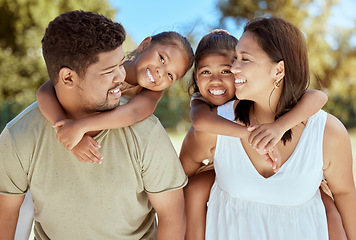 Image showing Family, travel vacation and love of children and parents in a nature park mom and dad smile and looking happy. Holiday in philippines with man, womand and kids with freedom life insurance and savings