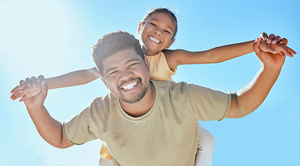 Image showing Father, child and holding hands on shoulder for happy relationship, bonding and smile in the outdoors. Portrait of dad and kid smiling in happiness for love, blue sky or care for piggyback in nature