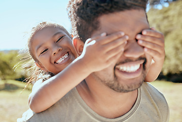 Image showing Playing hide and seek, girl and father outdoor together with family love and care in nature. Happy dad and young child having fun quality time in a park with happiness smile bonding and counting