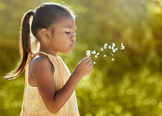 Image showing Child, girl or blowing dandelion flower in summer garden, nature park or sustainability environment in wish, hope or freedom. Kid, youth or field spring plant in motion in relax backyard