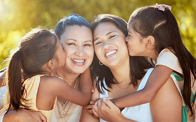 Image showing Family, women and kiss by children at park with mother, grandmother and quality time in nature. Happy family, love and girl enjoy summer fun with mom and grandma in forest in summer, smile and relax