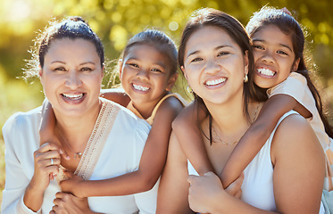 Image showing Family, portrait and women relax in a park, bonding with children, mother and grandmother in nature. Love, happy family and kids hug, smile and embrace mom and granny playing in a garden in Mexico