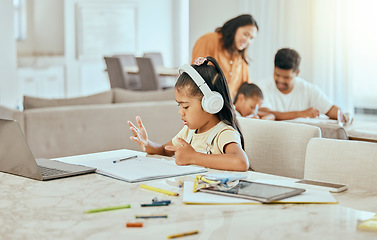 Image showing Child, hand and counting at desk with book for math, homework or education in home with family. Girl, laptop and fingers with headphones, computer or notebook for development in homeschool at table