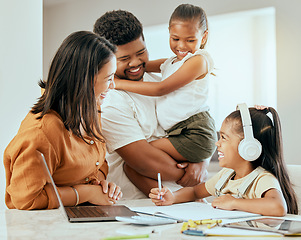 Image showing Happy family, education and girl learning on a laptop with her parents, laughing and bond over online class in their home. Love, distance learning and child doing homework with family for support
