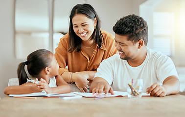 Image showing Home school girl, mom and dad education, learning and studying with notebooks in Colombia family home. Happy parents helping young student kids with knowledge, reading development and growth in house