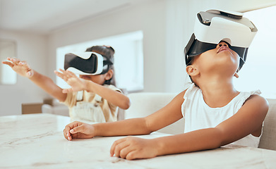 Image showing Vr, technology and children in their home, playing with headset on streaming videos, games and metaverse ux. Tech, 3d and kids with virtual reality goggles on for movies, gaming and futuristic fun