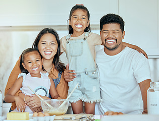 Image showing Baking, children and parents in the kitchen for food, dinner or lunch with smile in their house. Portrait of a happy, excited and mother and father with love while cooking breakfast with kids