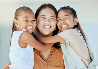 Image showing Happy family, mother and girls hug in portrait, bonding and .enjoying quality time together. Family, love and care of mom, woman and parent with kids, smiling and laughing, embrace and comic smile.