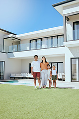 Image showing Portrait, real estate and happy family moving into their new luxury home, house or property in summer. Happy parents and children standing with a smile outdoor with building investment or purchase