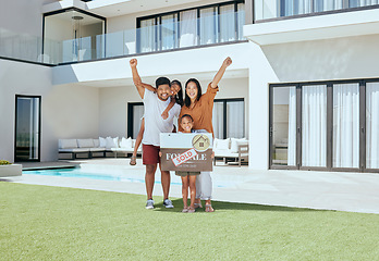 Image showing Happy family, sold board and new home together celebrating outdoors on lawn. Excited mother, father smile and children arms in air happiness celebration, smile and house real estate png sign