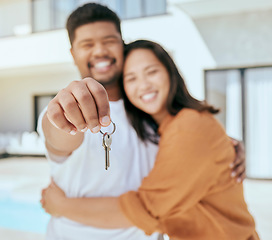 Image showing House keys, new home and couple real estate property for sale, buying and rent on home loan, building mortgage and investment. Hands of happy man, woman portrait and homeowner moving to neighborhood