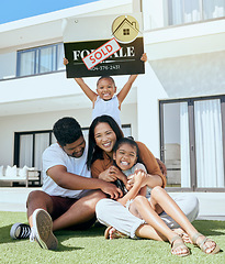 Image showing Happy family with kids, new property grass and excited homeowners in yard of family home. Future, real estate and family security in home with mortgage for dad, mom and children in backyard in Asia.