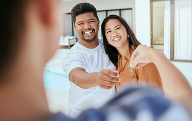 Image showing Couple, realtor or house key to real estate sale, mortgage investment success or property purchase with finance loan. Smile, happy or homeowner man and woman with broker in future house security deal