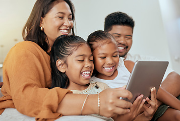 Image showing Digital tablet kids, parents and family technology games, download watch movies and playing online in family home. Happy girl children, mom and dad relax, learning fun app and educational connection