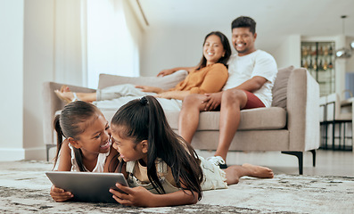 Image showing Laughing children, tablet or relax parents on sofa in house living room in fun esports gaming, education video or movie streaming app. Smile, comic and happy kids bonding in family home on technology