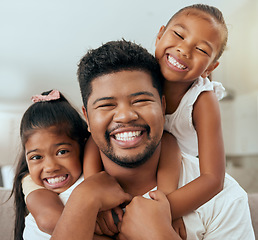 Image showing Family, father and children, hug and happy together in portrait at family home while spending quality time. Filipino man, girl and smile, kids and dad hugging, bonding and parenthood, childhood joy.