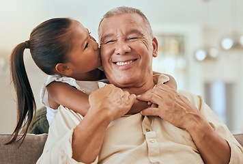 Image showing Happy, grandfather and little girl kiss with hug for love and care in family bonding time or generations at home. Portrait of grandpa with smile in happiness for hugging, loving and caring grandchild