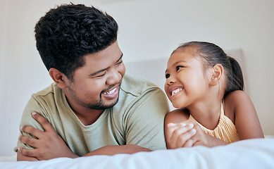 Image showing Father, child and family, together on bed and happy at family home, bonding and smile, spending quality time in bedroom. Filipino, man and girl, love and care, childhood and parenthood at the house.