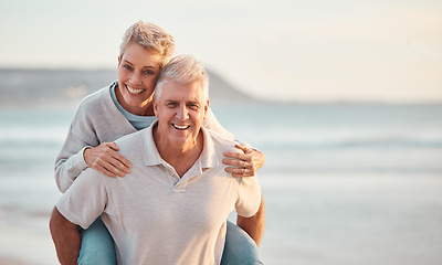 Image showing Piggy back, love and senior couple with smile, adventure and bonding together on travel for fun, anniversary and outdoor. Romantic, mature man and elderly woman being loving, embrace and playing.