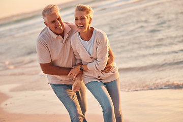 Image showing Couple, retirement and travel to the beach, hug and love, fun together and spending quality time outdoor by the ocean. Senior man, woman and happy, smile on adventure and out in nature at sea.