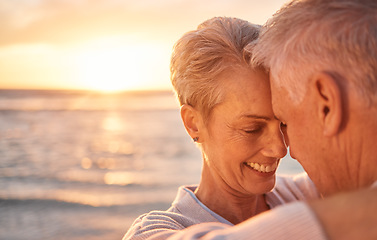 Image showing Retirement couple, sunset and beach, hug and love on summer vacation, ocean holiday and nature by mockup. Happy, smile and senior man, woman or people face relax by sea, freedom and outdoor Australia