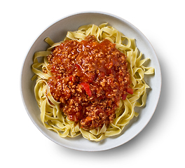 Image showing bowl of pasta tagliatelle with bolognese sauce