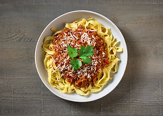 Image showing bowl of pasta tagliatelle with bolognese sauce