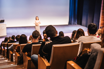 Image showing Woman giving presentation on business conference event.