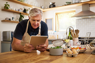 Image showing Senior, man and tablet in kitchen, cooking or internet for reading, video or email in house. Elderly, home and food for recipe, digital or ingredients on internet, web or app in home for retirement