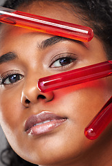 Image showing Black woman, skincare and serum for beauty, face and health with glow, shine and moisturizer. Model, woman and skin with red, chemical and vial for cosmetics, wellness and healthy for facial, makeup