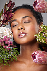 Image showing Beauty, woman and face, skin and flowers, natural cosmetic with skincare and facial treatment advertising. Spring bouquet, makeup and floral aesthetic, clean and fresh glow, cosmetology and wellness.