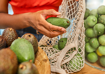 Image showing Hands, avocado and bag with a woman customer shopping in a grocery store for a health diet or nutrition. Supermarket, food and retail with a female shopper in a shop produce aisle for groceries