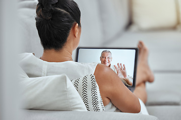 Image showing Senior, woman and tablet for video call on sofa with man, husband or friend on internet in home. Couple, couch and video conference in living room with happy, boyfriend or spouse on screen in house